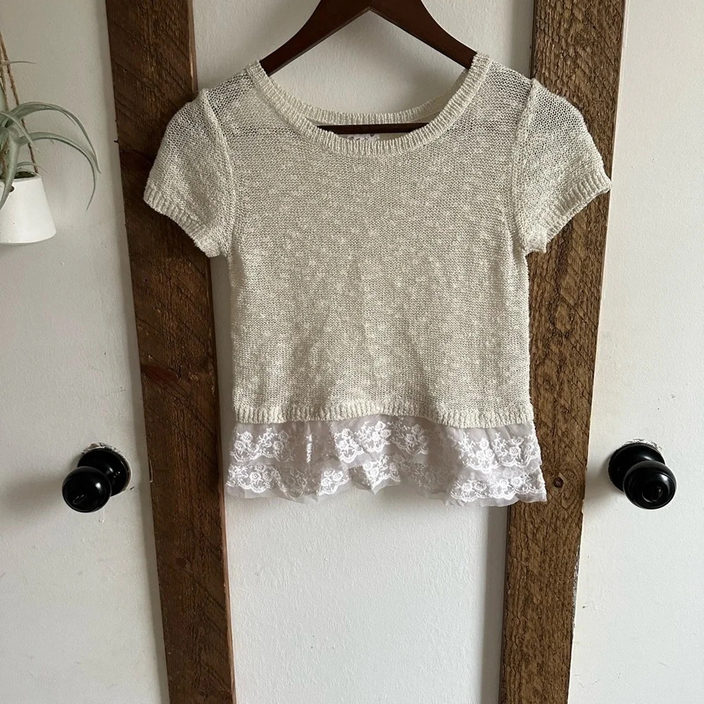Justice Girls Short Sleeve Sweater Blouse Lace Tulle Bottom Size 12 Like New